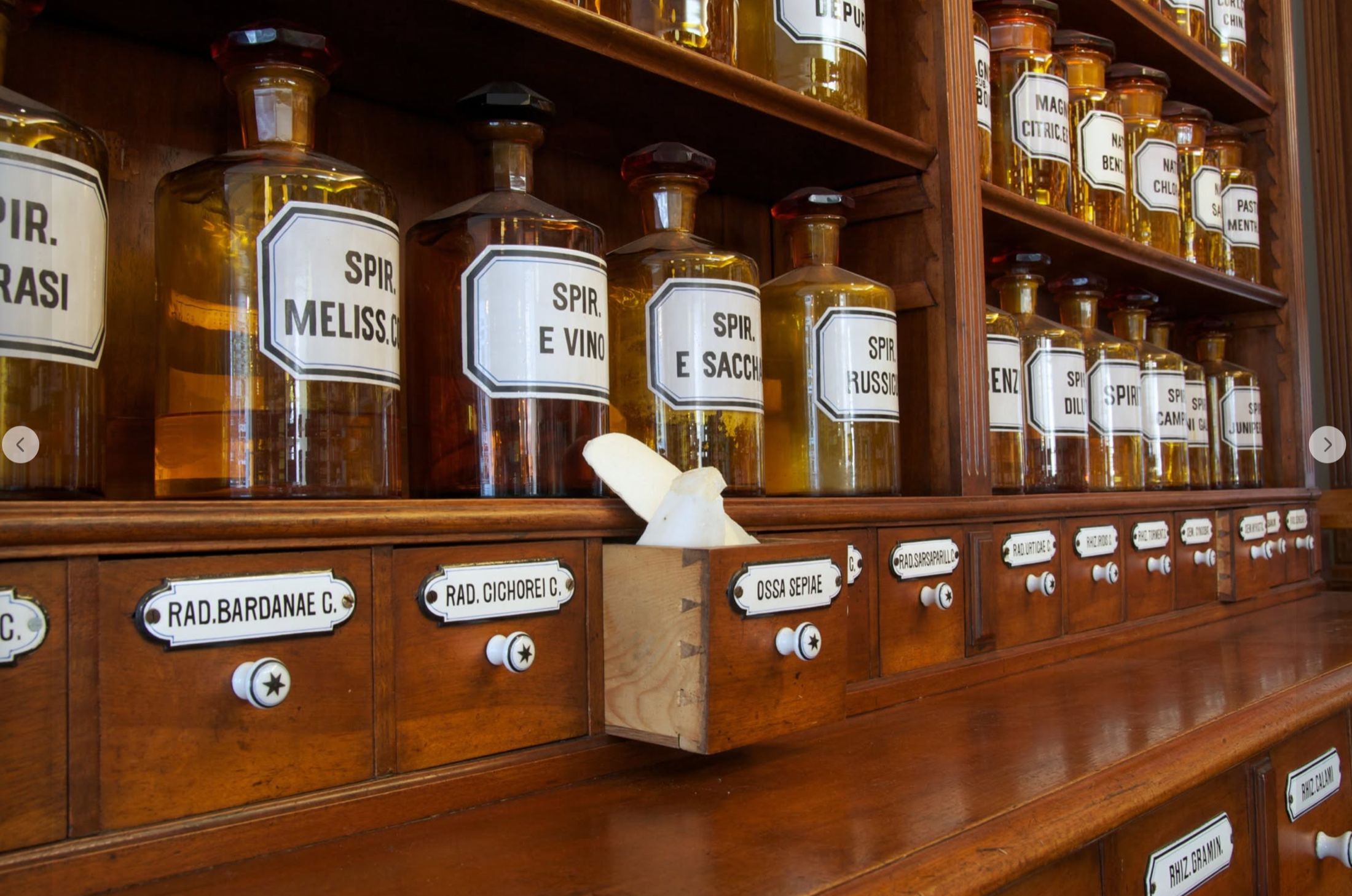 Historische Standgefässe und Schubladen im Ladenbau der Anklin Apotheke
